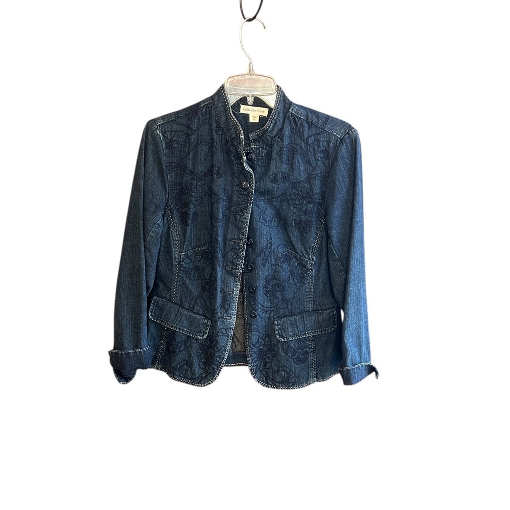 Coldwater Creek blue floral embroidered Cotton button down denim jacket Size P8